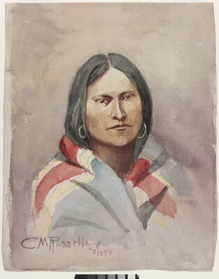 A watercolor portrait of an American Indian woman from the shoulders up, with dark hair, hoop earrings, and a colorful cloth around her shoulders. 