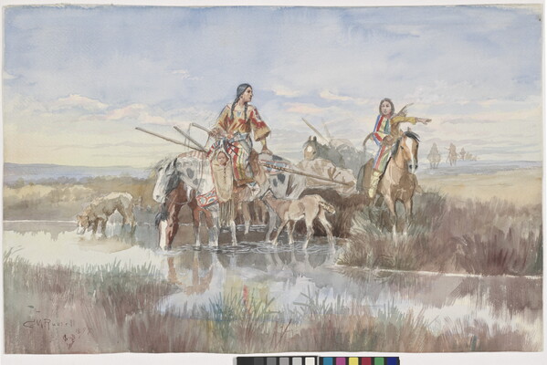 A watercolor of two Native American women on horseback crossing a stream with their child, horses, and belongings.