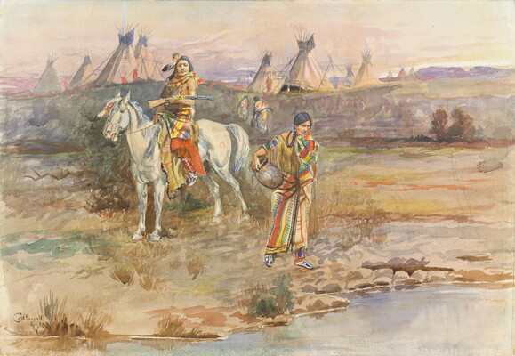 A watercolor of an Indigenous man on horseback stopped near an Indigenous woman with a jug on her hip standing at the edge of a lake or pond.