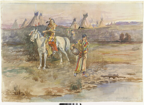 A watercolor of an Indigenous man on horseback stopped near an Indigenous woman with a jug on her hip standing at the edge of a lake or pond.