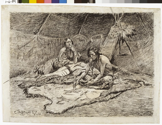 A black-and-white drawing of two Indigenous people sitting in a tipi painting on a hide.