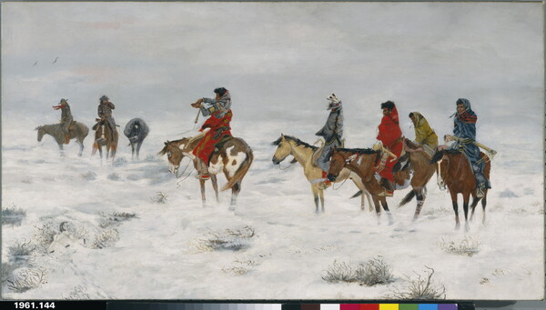 An oil painting of a group of Indigenous people on horseback approaching cowboys on horseback in a snowstorm.