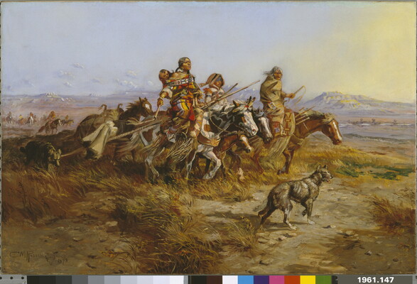 An oil painting of Indigenous women on horseback riding across the plains with mountains in the background.