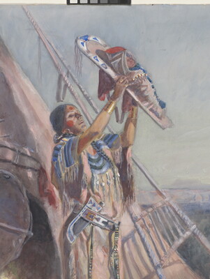 A detail of a watercolor of a Native American woman standing outside of a tipi, holding her baby in a cradleboard up to the sun.