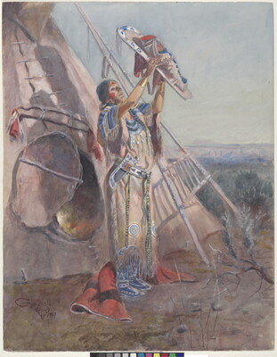 A watercolor of a Native American woman standing outside of a tipi, holding her baby in a cradleboard up to the sun.