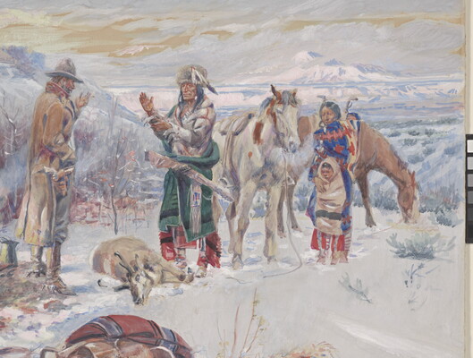 A watercolor of a Native American family greeting a cowboy at a campsite on a snowy day.