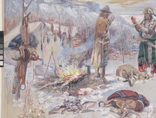 A detail of a watercolor of a Native American family greeting a cowboy at a campsite on a snowy day.