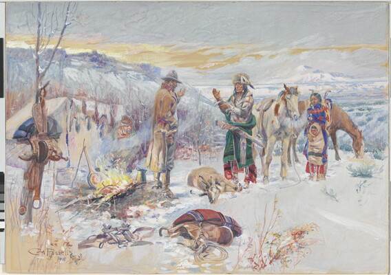 A watercolor of a Native American family greeting a cowboy at a campsite on a snowy day.