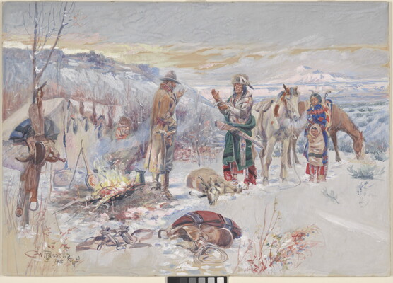 A watercolor of a Native American family greeting a cowboy at a campsite on a snowy day.