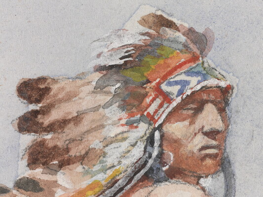 A detail of a watercolor of the face and headdress of one of the Indigenous people on horseback who are stopped and looking off in the distance.
