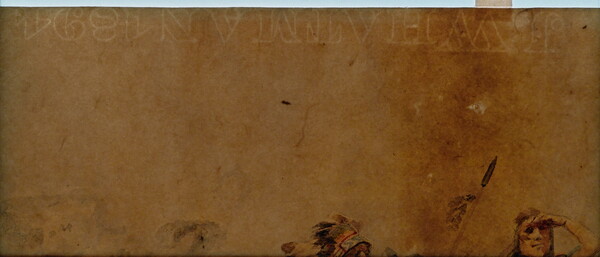 A watercolor of Indigenous people on horseback who are stopped and looking off in the distance.