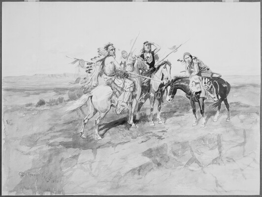 A watercolor of Indigenous people on horseback who are stopped and looking off in the distance.