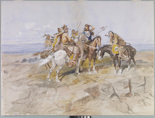 A watercolor of Indigenous people on horseback looking off in the distance.