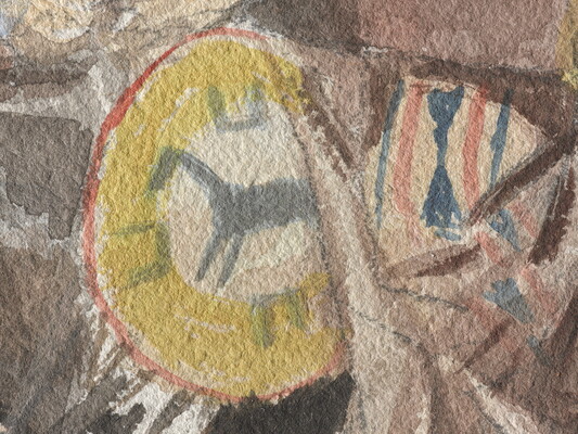A detail of a watercolor of the shield of one of the Indigenous people on horseback who are stopped and looking off in the distance.