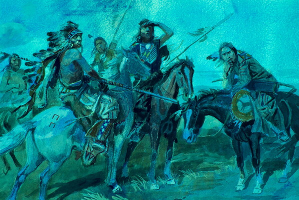 A watercolor of Indigenous people on horseback who are stopped and looking off in the distance.