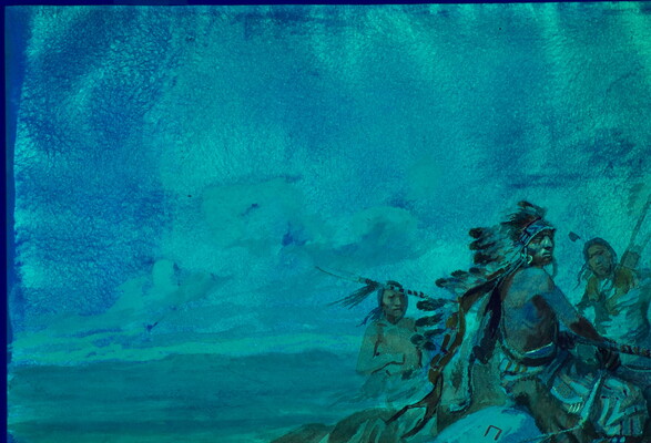 A watercolor of Indigenous people on horseback who are stopped and looking off in the distance.