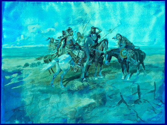 A watercolor of Indigenous people on horseback who are stopped and looking off in the distance.