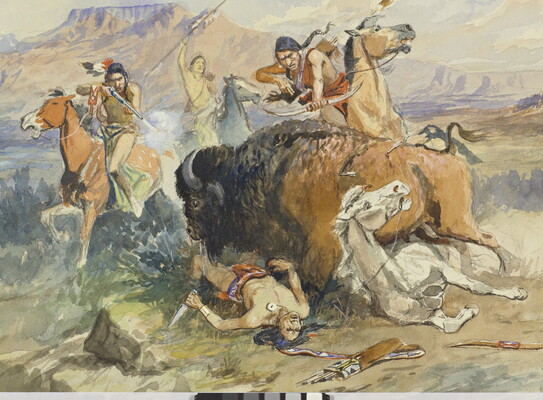 A watercolor of Indigenous people on horseback coming to help another American Indian and his horse who are about to be trampled by a bison.
