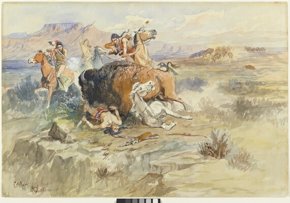 A watercolor of Indigenous people on horseback coming to help another man and his horse who are about to be trampled by a bison.