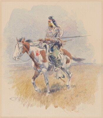 A watercolor of a Native American warrior riding an appaloosa horse.