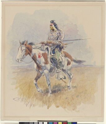 A watercolor of a Native American warrior riding an appaloosa horse.