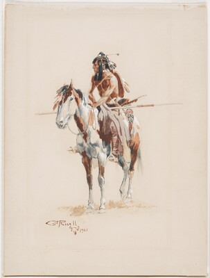A watercolor of an Indigenous man on horseback dressed in regalia.