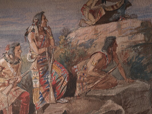 A detail of a watercolor of a Native American tending to a smoky fire on an outcrop of rocks as others look toward a smoke signal in the distance.