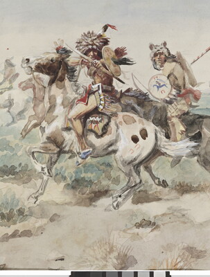 A detail of a watercolor of an Indigenous figure pointing a bow and arrow directly at the viewer.