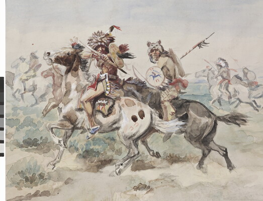 A watercolor of Indigenous figures wielding weapons on horseback as one points a bow and arrow directly at the viewer.