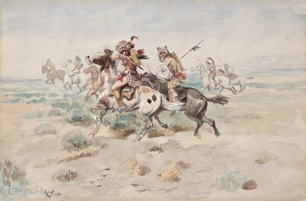 A watercolor of Indigenous figures wielding weapons on horseback as one points a bow and arrow directly at the viewer.