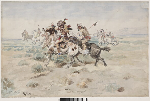 A watercolor of Indigenous figures wielding weapons on horseback as one points a bow and arrow directly at the viewer.