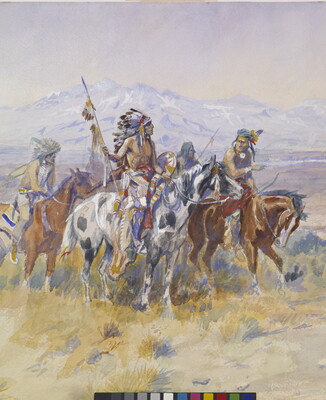A detail of a watercolor of a group of Indigenous people looking out at a line of covered wagons.