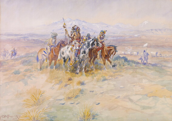 A watercolor of a group of Indigenous people looking out at a line of covered wagons.