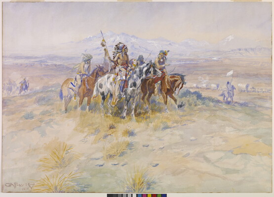A watercolor of a group of Indigenous people looking out at a line of covered wagons.