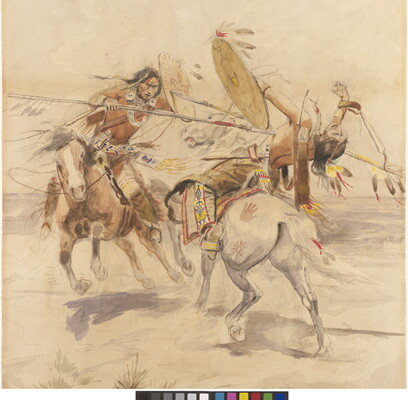A dramatic watercolor of two American Indian men on horseback; one stabbing the other with a spear.