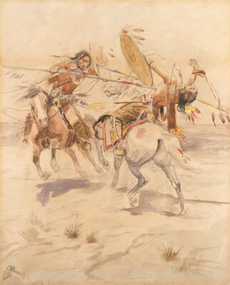 A dramatic watercolor of two American Indian men on horseback; one stabbing the other with a spear.
