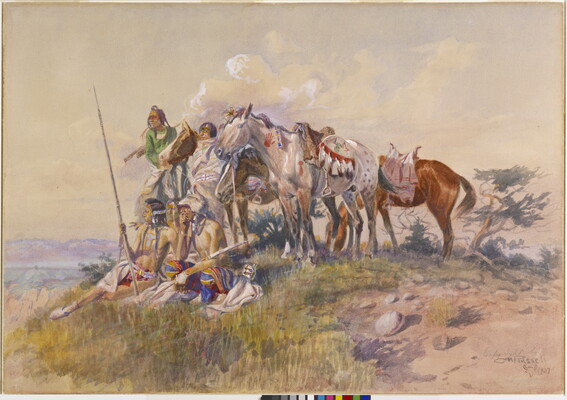 A watercolor of a small group of Indigenous people with their horses atop a hill looking off into the distance.