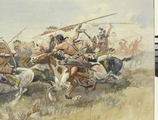 A detail of a watercolor of a group of Indigenous people on horseback engaged in battle with spears and bows and arrows.