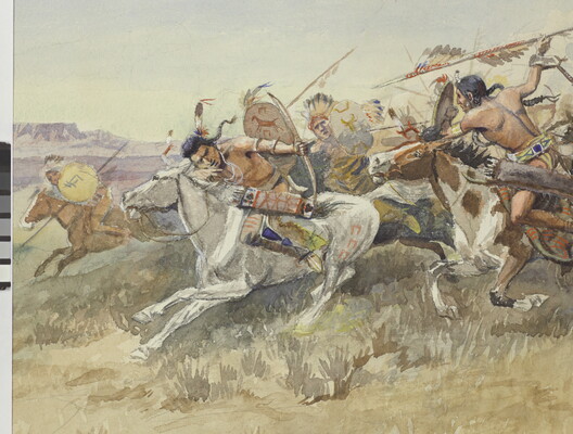 A detail of a watercolor of a group of Indigenous people on horseback engaged in battle with spears and bows and arrows.