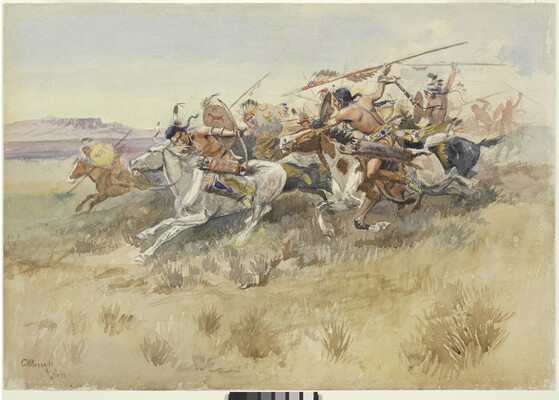 A watercolor of a group of Indigenous people on horseback engaged in battle with spears and bows and arrows.