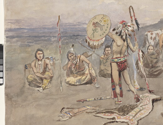 A detail of a watercolor of a group of Native American figures seated outdoors around a standing man in a headdress, holding a shield and staff.