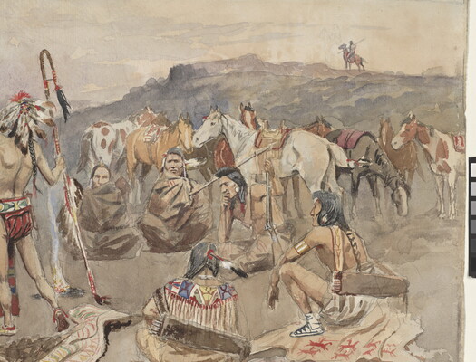 A detail of a watercolor of a group of Native American figures seated outdoors around a standing man in a headdress, holding a shield and staff.