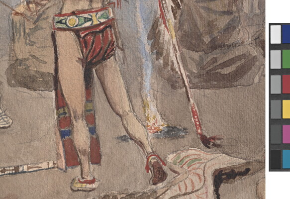 A detail of a watercolor of a group of Native American figures seated outdoors around a standing man in a headdress, holding a shield and staff.