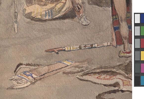 A detail of a watercolor of a group of Native American figures seated outdoors around a standing man in a headdress, holding a shield and staff.