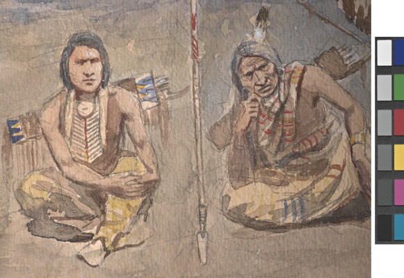 A detail of a watercolor of a group of Native American figures seated outdoors around a standing man in a headdress, holding a shield and staff.