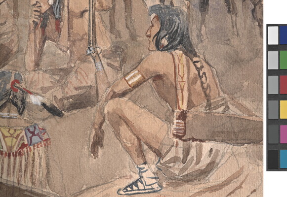 A detail of a watercolor of a group of Native American figures seated outdoors around a standing man in a headdress, holding a shield and staff.