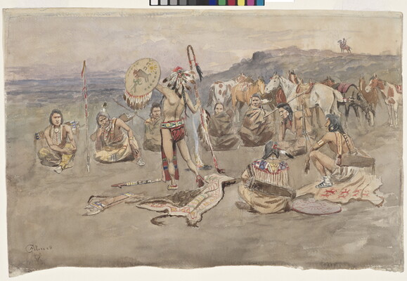 A watercolor of a group of Native American figures seated outdoors around a standing man in a headdress, holding a shield and staff.