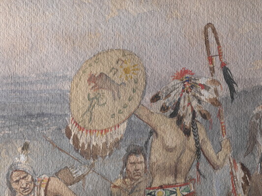 A detail of a watercolor of a group of Native American figures seated outdoors around a standing man in a headdress, holding a shield and staff.