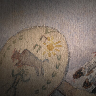 A detail of a watercolor of a group of Native American figures seated outdoors around a standing man in a headdress, holding a shield and staff.
