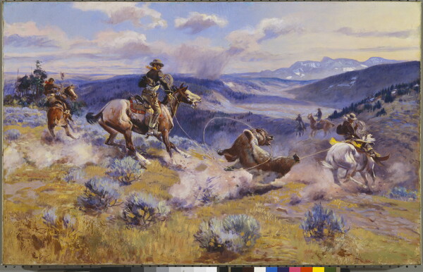 An oil painting of many cowboys on their horses roping a bear in the mountains.